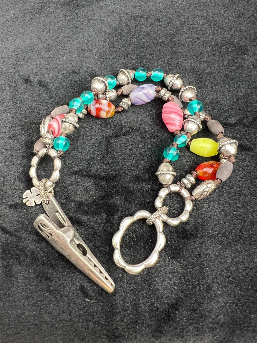 Lucky Brand Silver 3 Strand Glass Bead Alligator /Roach Clip Boho Bracelet